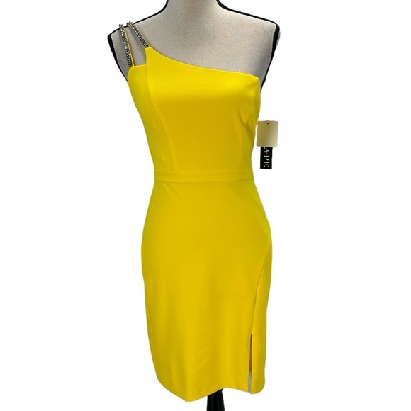 Xscape Sleeveless Rhinestone One Shoulder Sheath Mini Dress - Yellow - size 2 - Picture 1 of 10